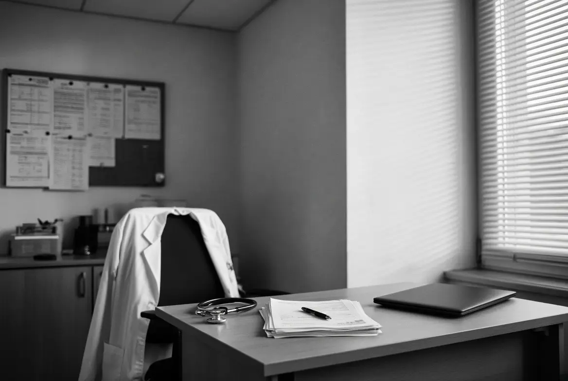 A doctors’ room in a public hospital: a desk with medical records, a stethoscope and a white coat on a chair