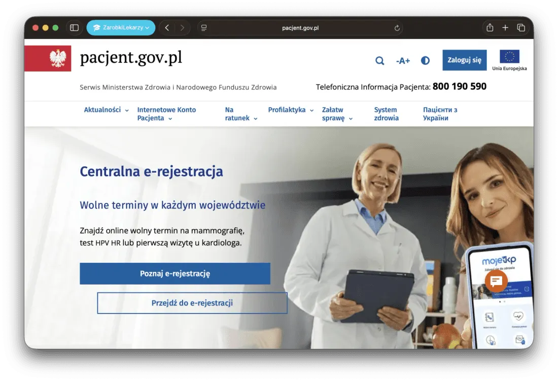 Home page of pacjent.gov.pl. In the top right-hand corner, a blue “Zaloguj się” (“Log in”) button.