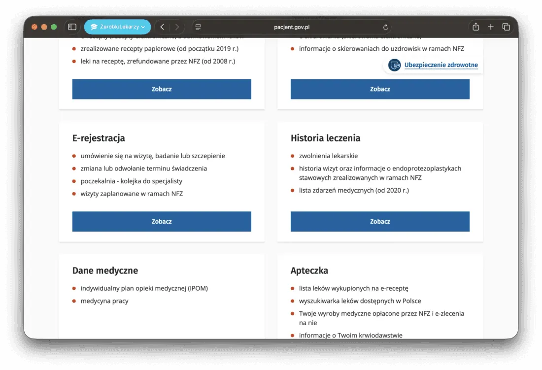 IKP tiles after logging in. The “Historia leczenia” (“Treatment history”) tile includes, among other things, the visit history; below it, a “Zobacz” (“View”) button.