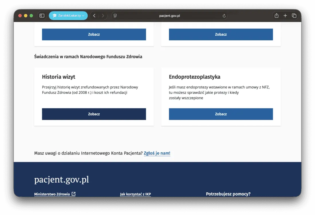 The section “Świadczenia w ramach Narodowego Funduszu Zdrowia” (“Services under the National Health Fund”) with the “Historia wizyt” (“Visit history”) tile (visits reimbursed since 2008 and their cost) and a “Zobacz” (“View”) button.
