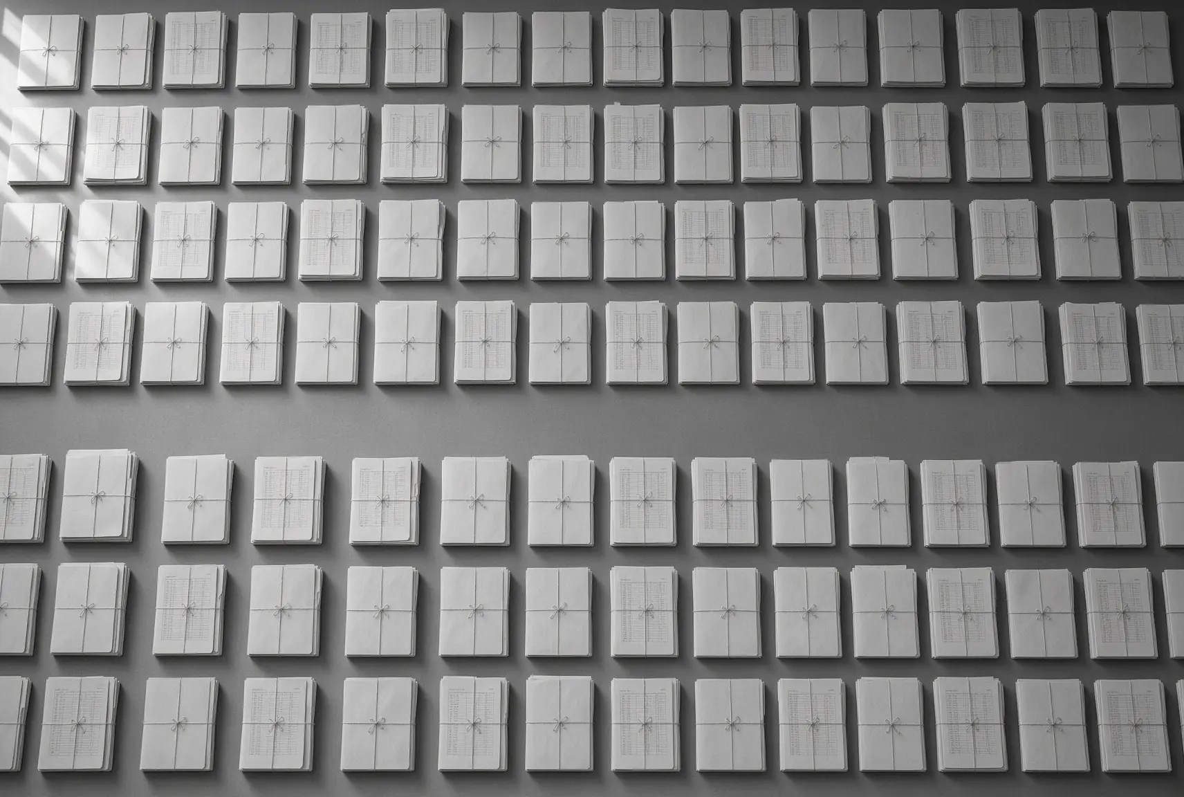Rows of document files tied with string, laid out on a table, seen from above