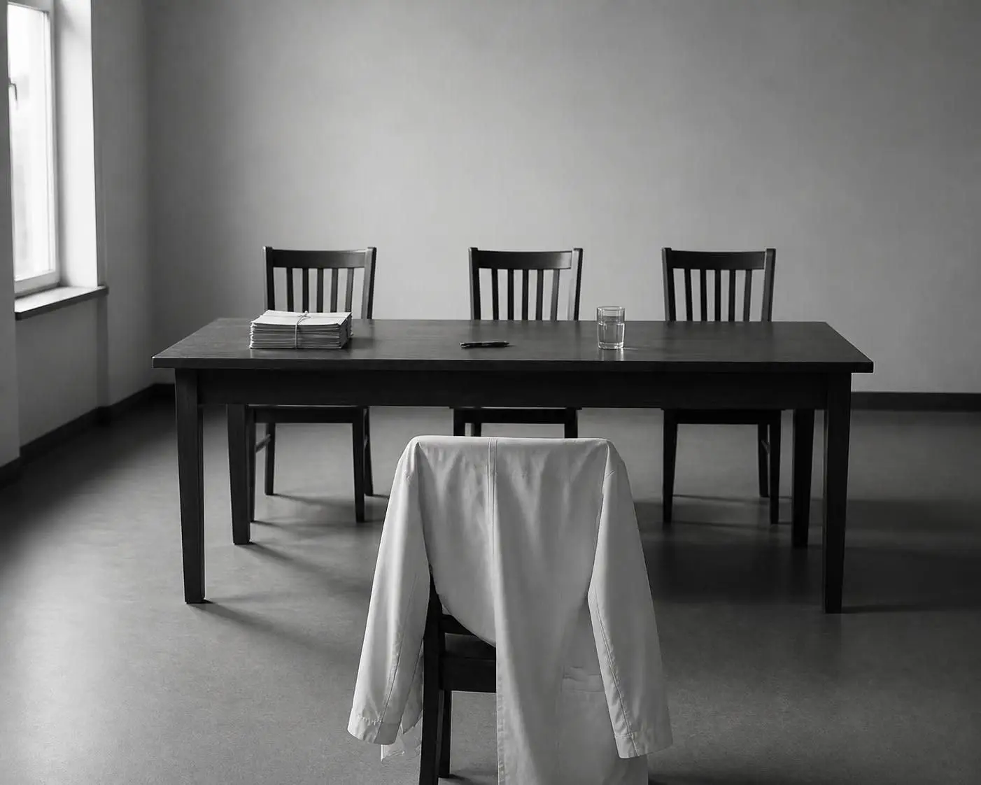 An empty room. Behind a table, three chairs and case files tied with string; opposite, a single chair with a white doctor’s coat hung over it