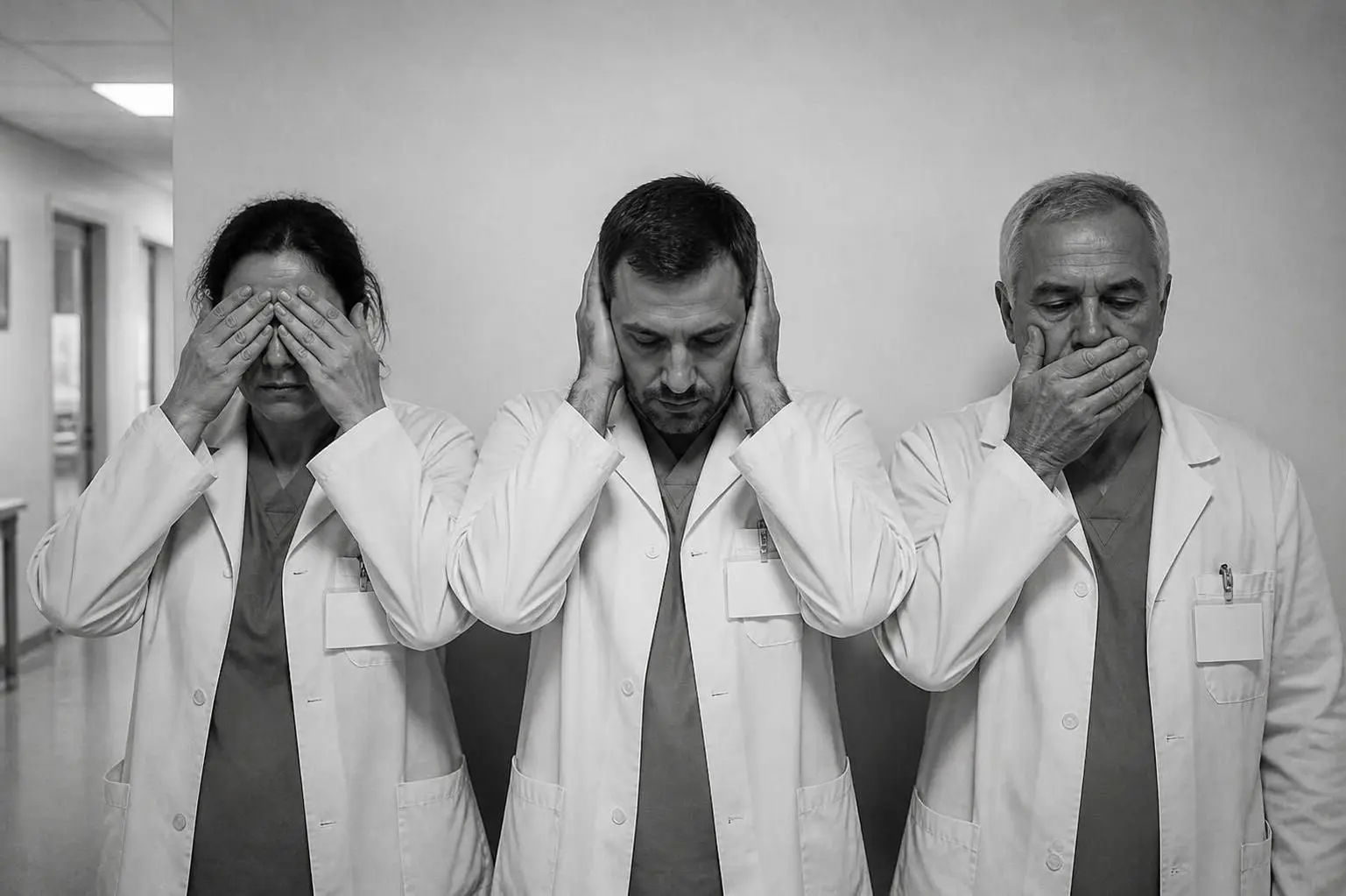 Three doctors in a “see no evil, hear no evil, speak no evil” gesture