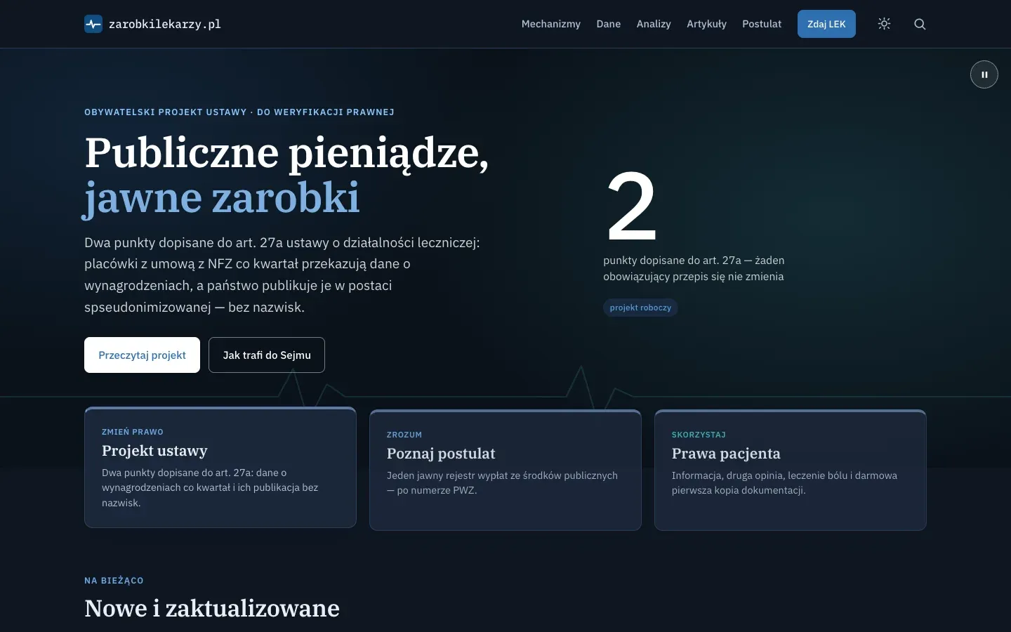 Strona główna poprzedniej wersji serwisu: ciemne tło, nagłówek „Publiczne pieniądze, jawne zarobki” i trzy karty — projekt ustawy, postulat, prawa pacjenta.